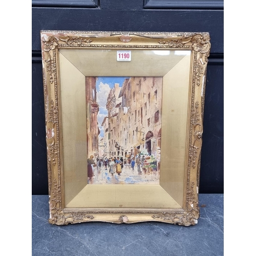 1190 - Herbert Moxon Cook, a busy continental street market, signed, watercolour, 26 x 17.5cm.... 