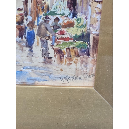 1190 - Herbert Moxon Cook, a busy continental street market, signed, watercolour, 26 x 17.5cm.... 