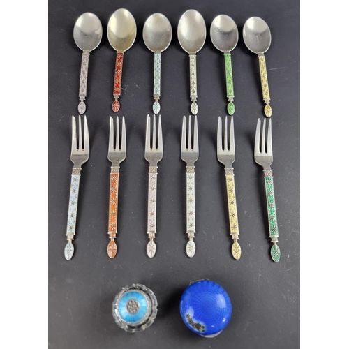 103 - A set of six Norwegian white metal and enamel cake forks with six matching spoons; together with two... 