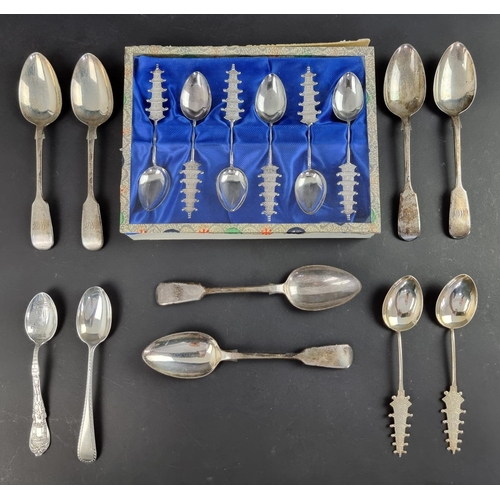 108 - A cased set of six white metal coffee spoons, stamped 'Sterling'; together with eight other various ... 