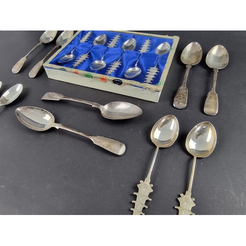 108 - A cased set of six white metal coffee spoons, stamped 'Sterling'; together with eight other various ... 