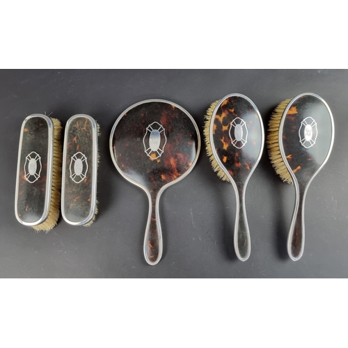 116 - A silver and tortoiseshell five piece dressing table set, by Levi & Salaman, Birmingham 192... 