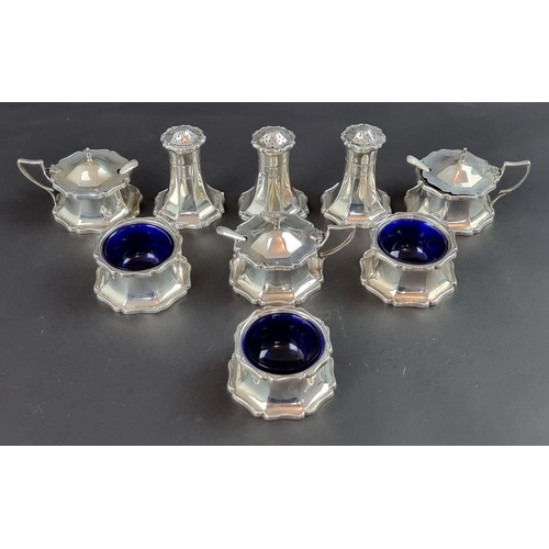 127 - A silver condiment set, by R F Mosley & Co, Sheffield 1919/20/21, 561g. (9)