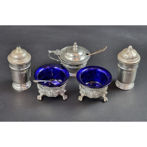 130 - A silver three piece condiment set, by Viner's Ltd, Sheffield 1949; together with a pair of silver s... 