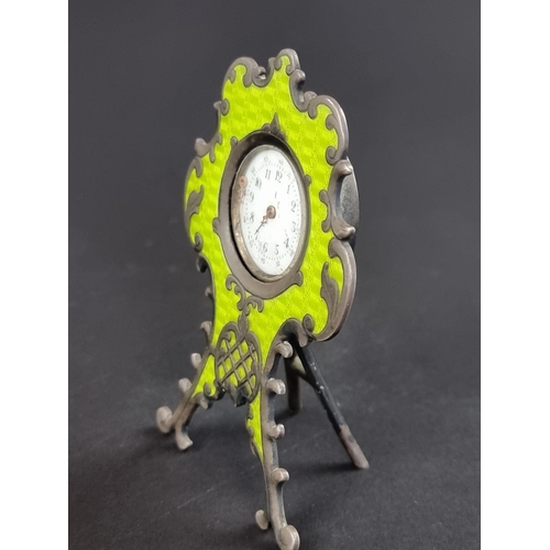 149 - A vintage German white metal and guilloche enamel easel clock, stamped '800', 7cm high.... 