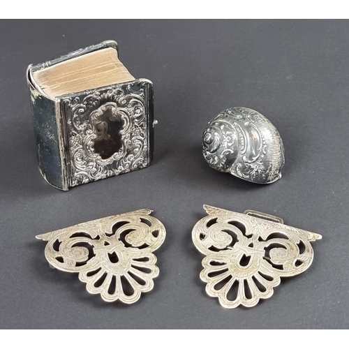 165 - A white metal novelty snail box; together with a silver buckle; and a silver mounted prayer book. (3... 