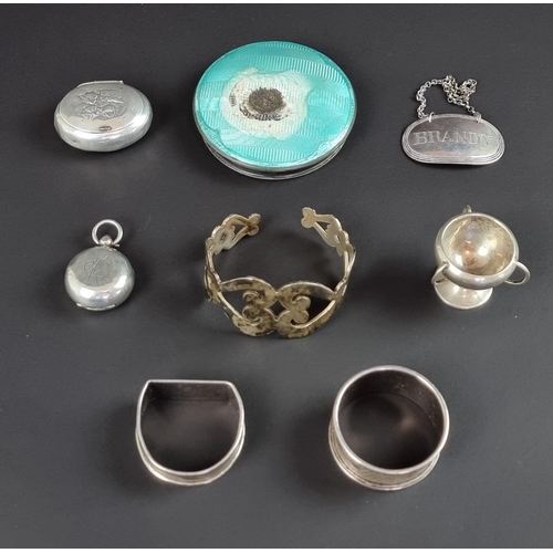 168 - A small quantity of silver items; together with a silver guilloche enamel lid; and a white metal ban... 