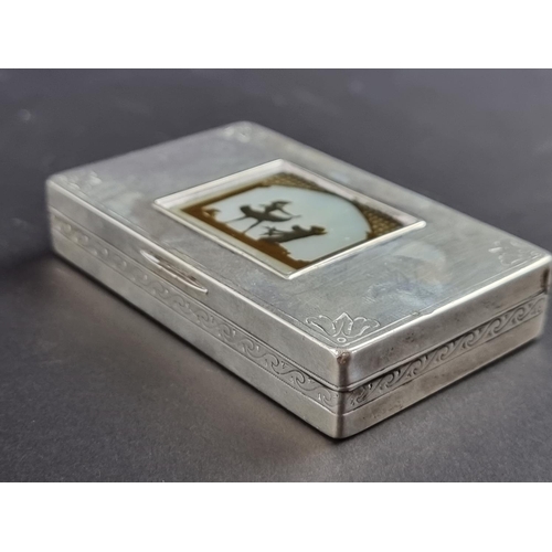 18 - A 19th century German white metal snuff box, decorated mother-of-pearl panel, 7.5cm wide.... 