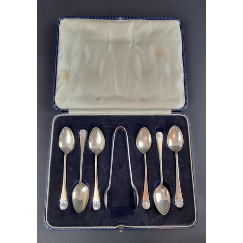 196 - A cased set of six silver teaspoons, by Albury Brothers, Birmingham 1948, (with unmatched sugar tong... 