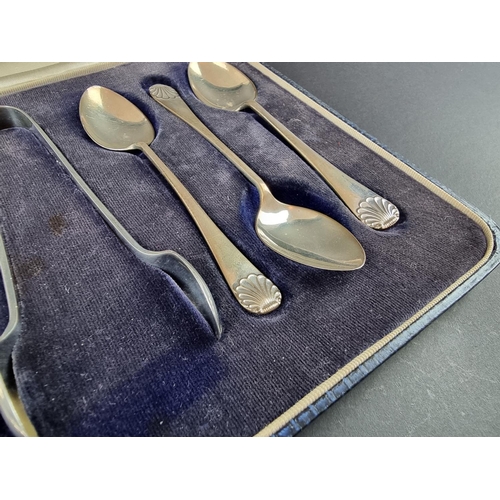 196 - A cased set of six silver teaspoons, by Albury Brothers, Birmingham 1948, (with unmatched sugar tong... 