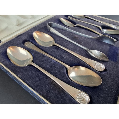 196 - A cased set of six silver teaspoons, by Albury Brothers, Birmingham 1948, (with unmatched sugar tong... 