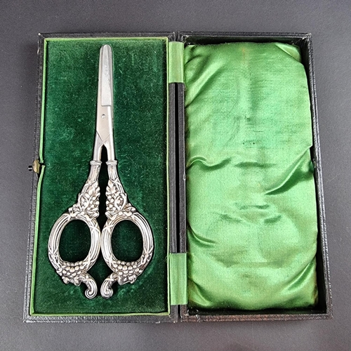 201 - A cased pair of Edwardian silver handled grape scissors, by Levi & Salaman, Birmingham 1907.... 