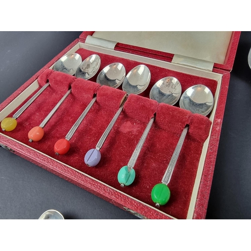 213 - A cased set of six silver bean handled coffee spoons, by Deakin & Francis Ltd, Birmingham 1961; ... 