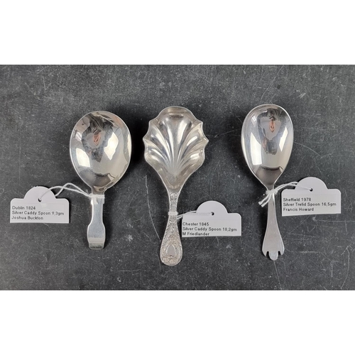 226A - A George IV Irish silver caddy spoon, by Joshua Buckton, Dublin 1824; together with two other silver... 