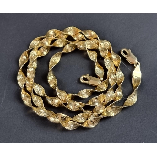 242 - A textured yellow metal spiral link necklace, stamped '585' and '14k', 45cm; together with a matchin... 