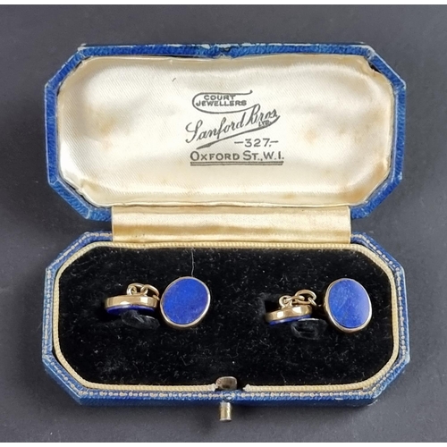 246 - A pair of 9ct gold and lapis lazuli cufflinks, by H B J London 1982, gross weight 6.8g.... 