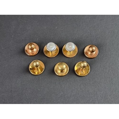 250 - Three 18ct gold studs, 2.8g; together with a pair of yellow metal, platinum and mother-of-pearl stud... 