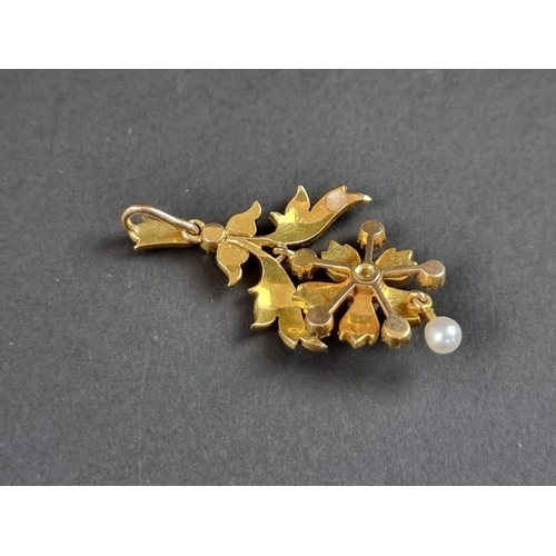 252 - A 19th century yellow metal floral pendant, set pearl to centre and multiple split pearls, 4cm high,... 