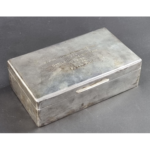 26 - A silver cigarette box, by H Phillips, Birmingham 1947, inscribed to lid, 15.5cm wide.... 