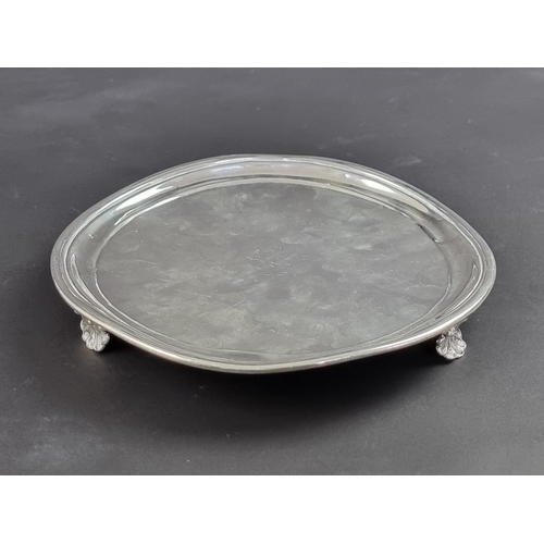 27 - A white metal card tray, double stamped 'JC', 17cm diameter.