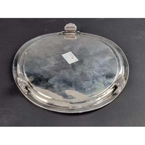 27 - A white metal card tray, double stamped 'JC', 17cm diameter.