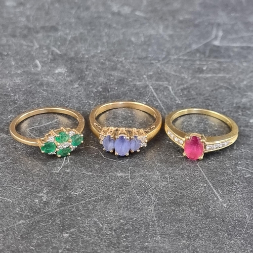 284 - Three 18ct gold gem set rings, gross weight 9.9g.