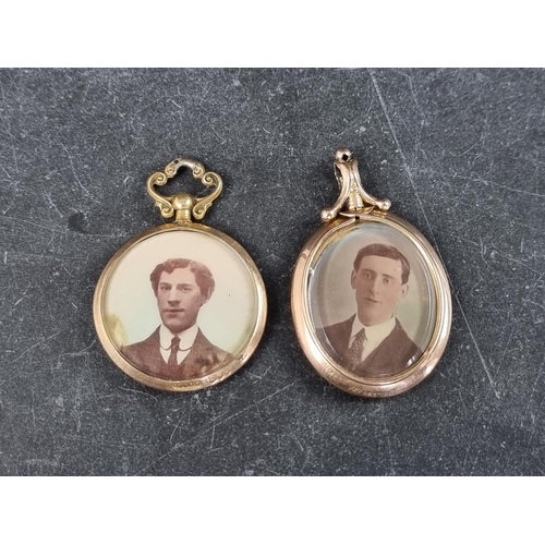 304 - A 9ct gold portrait pendant, Chester 1913, 26mm diameter; together with another similar yellow metal... 