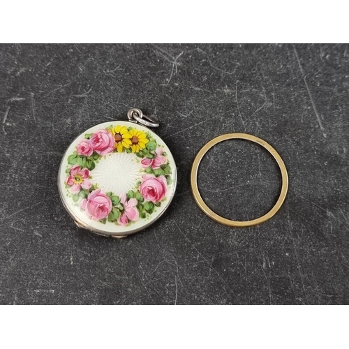 325 - A continental white metal and guilloche enamel floral locket, the suspension ring stamped '800', 30m... 