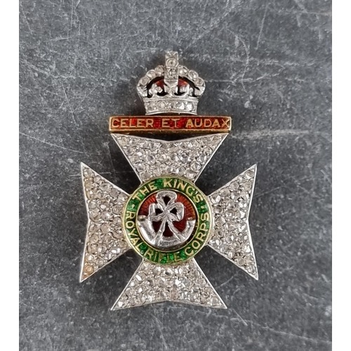 326 - A yellow and white metal 'The King's Royal Rifle Corps' sweetheart brooch, decorated enamel and set ... 