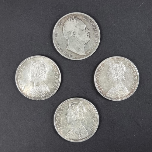 441 - Coins: three Victoria silver Indian rupees, 1878, 1891 and 1901; together with a William IV 1836 sil... 