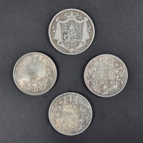 441 - Coins: three Victoria silver Indian rupees, 1878, 1891 and 1901; together with a William IV 1836 sil... 