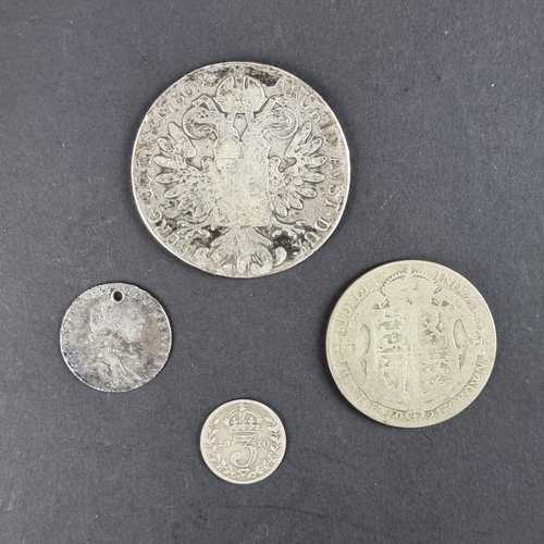 443 - Coins: a Maria Theresia 1780 silver thaler; together with a George III silver sixpence; and two othe... 