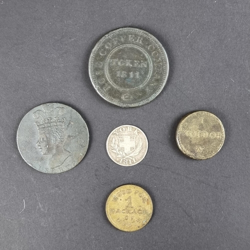 445 - Tokens: a Barbados 1788 one penny token; together with four other tokens. (5)