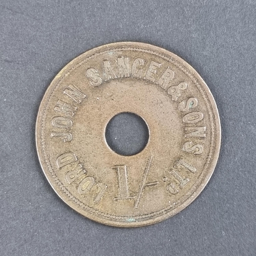 459 - Tokens: a 'Lord John Sanger and Sons Ltd' brass one shilling token.