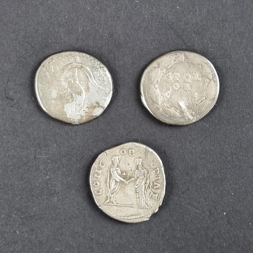 462 - Coins: three Roman coins; comprising a Galba AD 68-69 AR denarius; a Titus AD 79-81 AR denarius; and... 