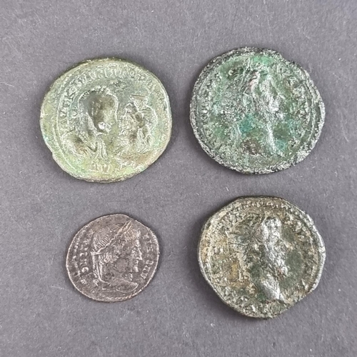 463 - Coins: four Roman coins, to include a Gordian III AD 238-244 follis; and a Antoninus Pius AD 138-161... 