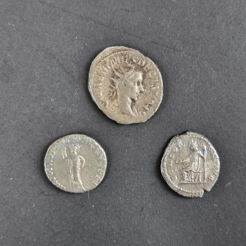 466 - Coins: three Roman coins, comprising: a Herennius Etruscus AD 251 AD Antoninianus; a Sabina, AR dena... 