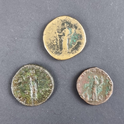 467 - Coins: three Roman coins, comprising: a Crispina AD 177 AE sestertius; a Severus Alexander AD 222-23... 