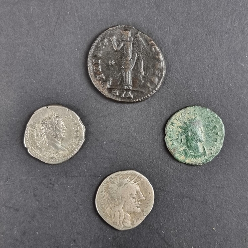 468 - Coins: four Roman coins, to include: an Allectus AD 293-296 quinarius; and a Galeria Valeria AD 305-... 