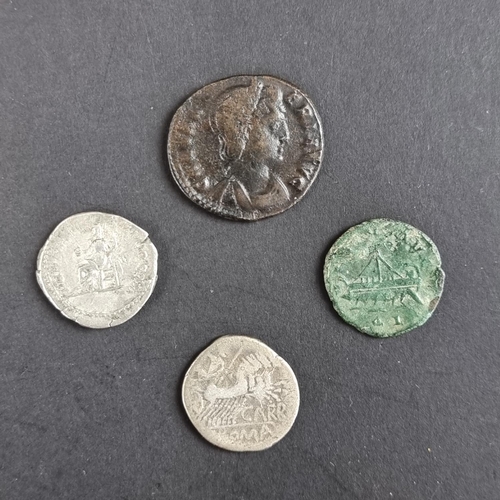 468 - Coins: four Roman coins, to include: an Allectus AD 293-296 quinarius; and a Galeria Valeria AD 305-... 