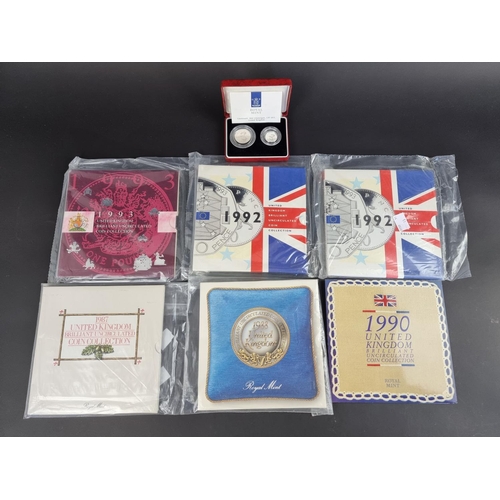 474 - Coins: a cased Royal Mint 1990 silver proof five pence two coin set; together with six UK brilliant ... 