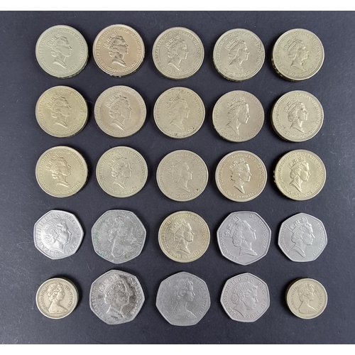 476 - Coins: sixteen old style Elizabeth II two pound coins; together with two old one pound coins; four o... 