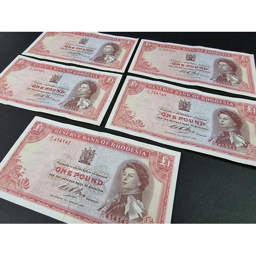 491 - Banknotes: Rhodesia, five Elizabeth II 1967 one pound notes, prefix K21.