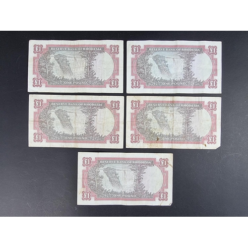 492 - Banknotes: Rhodesia, five Elizabeth II 1966 one pound notes, prefix K18/19.