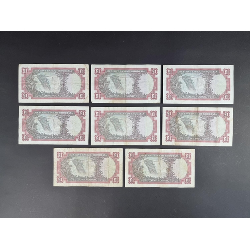 493 - Banknotes: Rhodesia, eight Elizabeth II 1967 one pound notes, prefix K20/21/22.