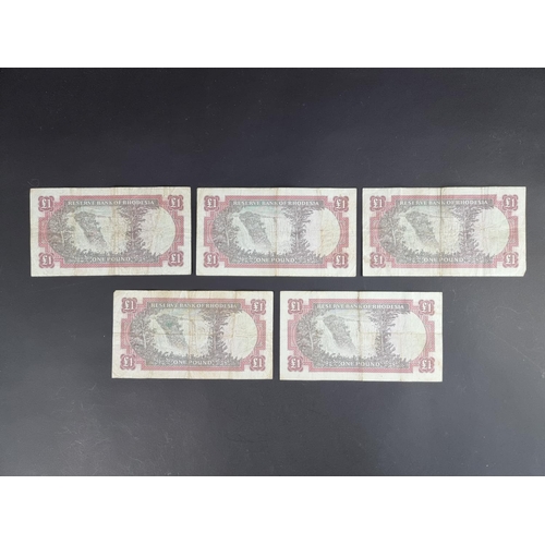 494 - Banknotes: Rhodesia, five Elizabeth II 1966 one pound notes, prefix K18/19.