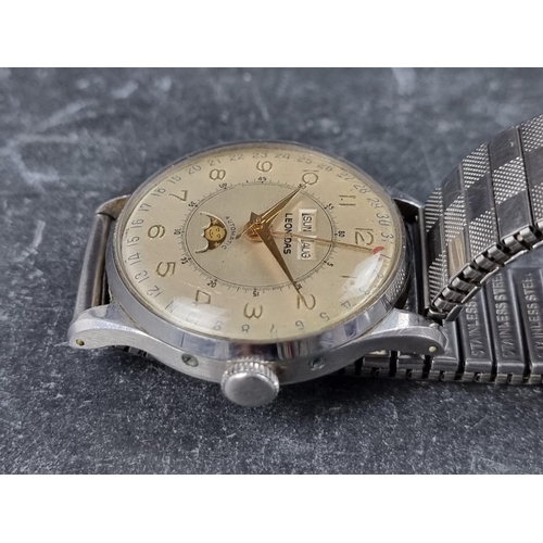 505 - A rare circa 1940s Leonidas triple date calendar moonphase stainless steel automatic wristwatch, 35m... 