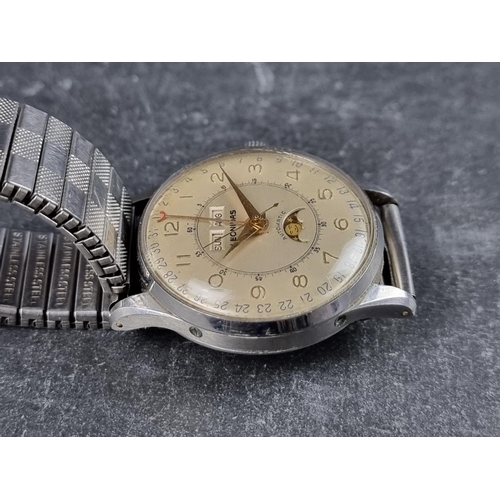 505 - A rare circa 1940s Leonidas triple date calendar moonphase stainless steel automatic wristwatch, 35m... 