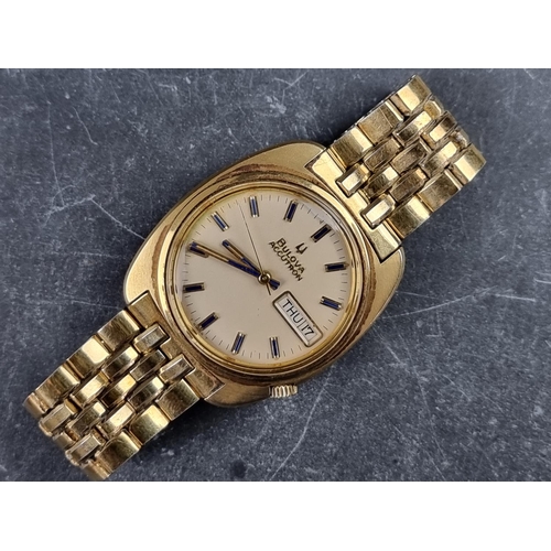 517 - A 1970s Bulova 'Accutron Day-date' gold plated electronic wristwatch, 35mm, Ref. 2182, Tuning Fork c... 