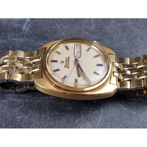 517 - A 1970s Bulova 'Accutron Day-date' gold plated electronic wristwatch, 35mm, Ref. 2182, Tuning Fork c... 